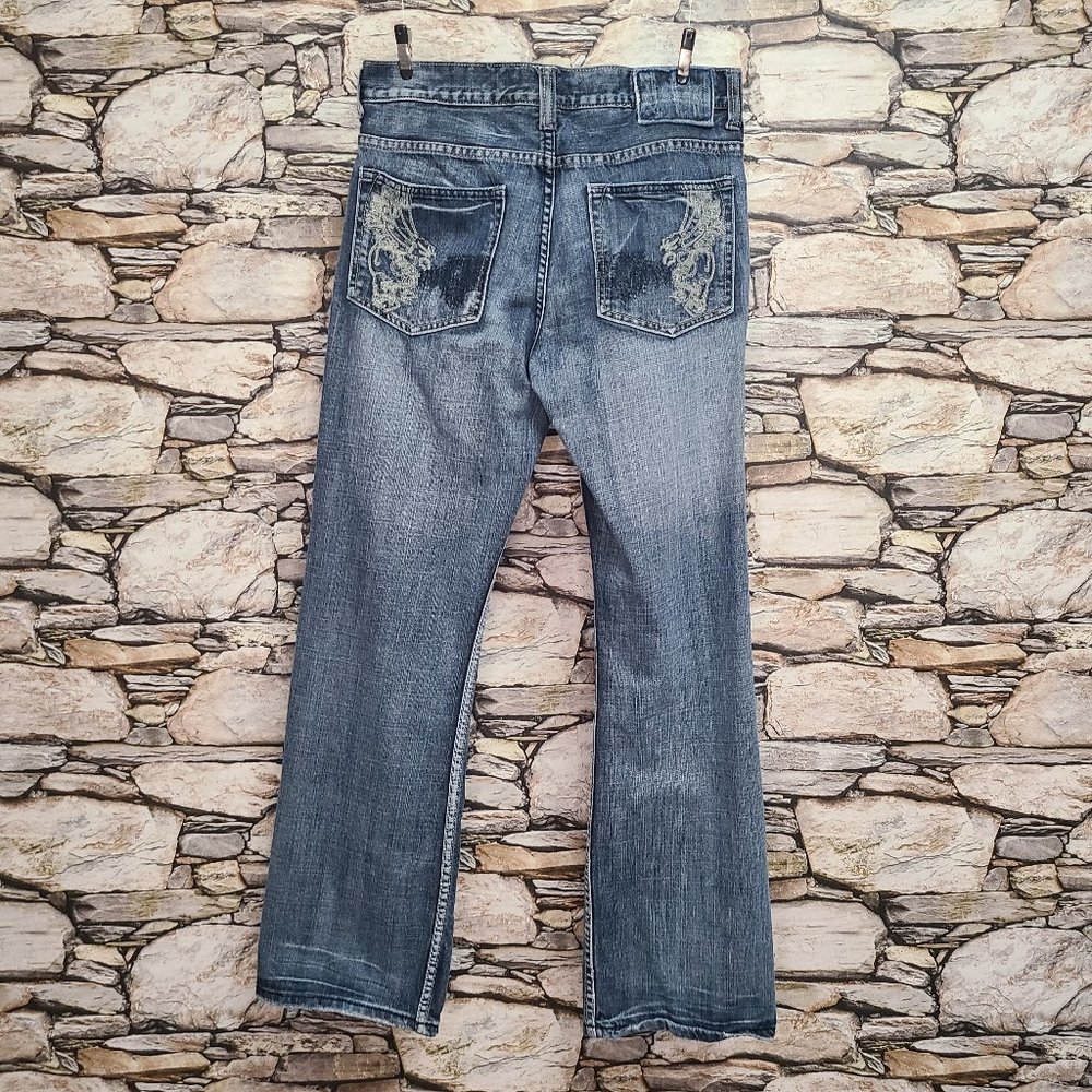 Helix Mens Boot Cut Jeans Size 32 x 32 Solid Blue Denim Embroidered Pockets Logo